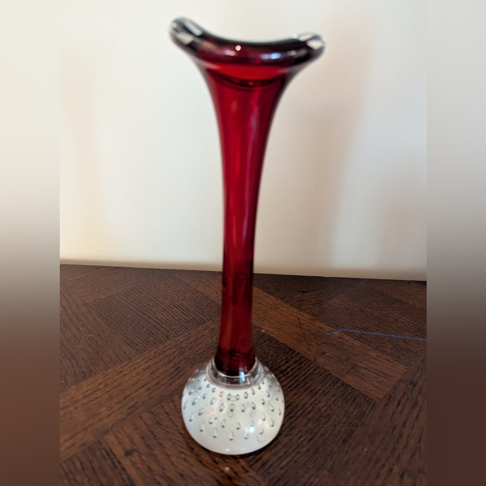 1960's Aseda Glasbruk Red Jack In Pulpit Bubble Glass Fluted Vase Made In Sweden